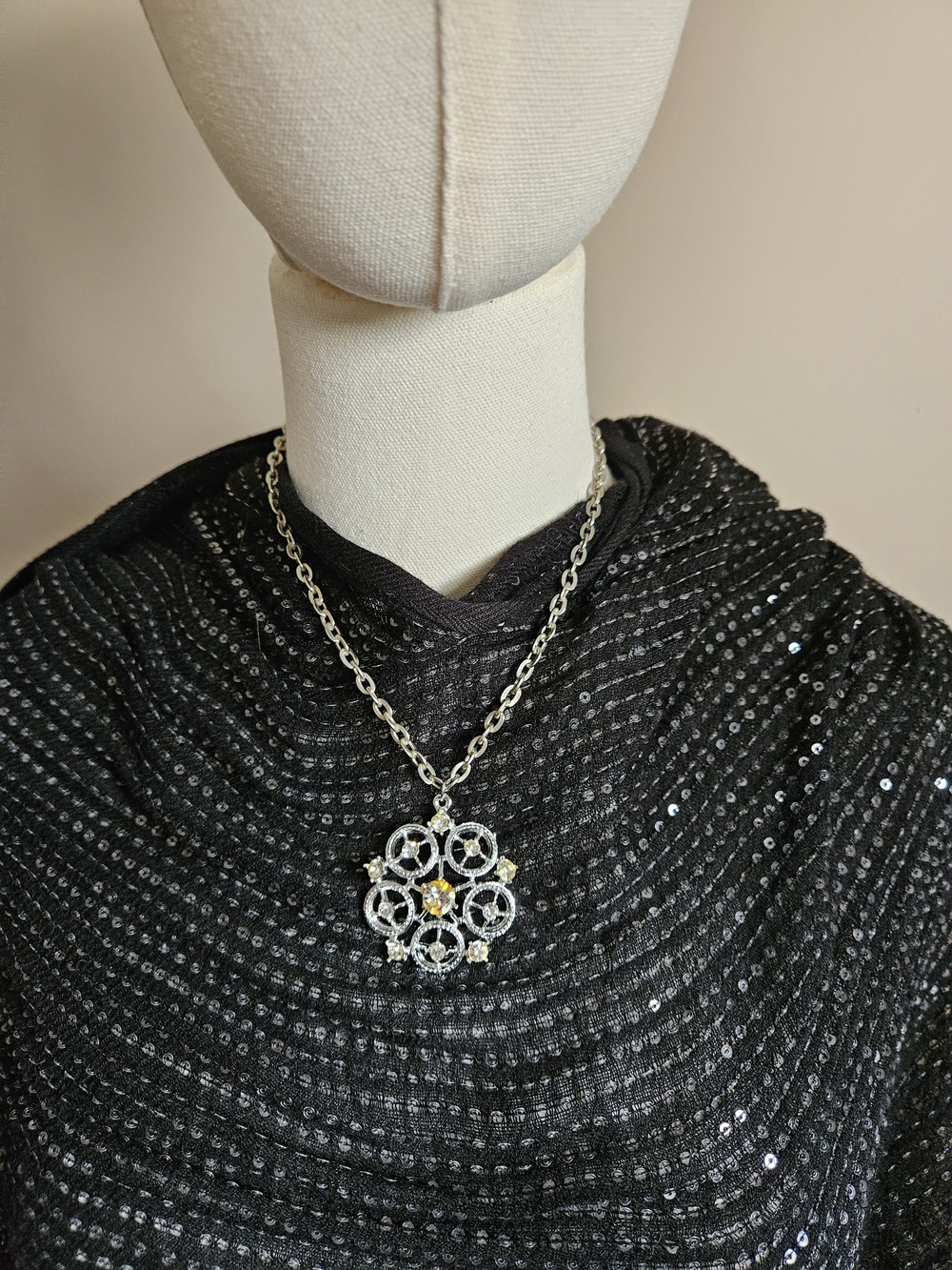 Vintage Silver Floral Medallion Necklace with Center Stone.